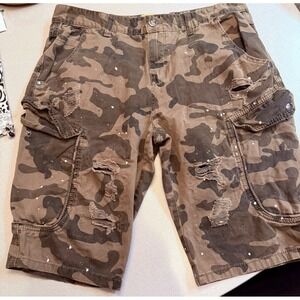 Grindhouse Denim Distressed Paint Splatter Camouflage Cargo Shorts Size 36